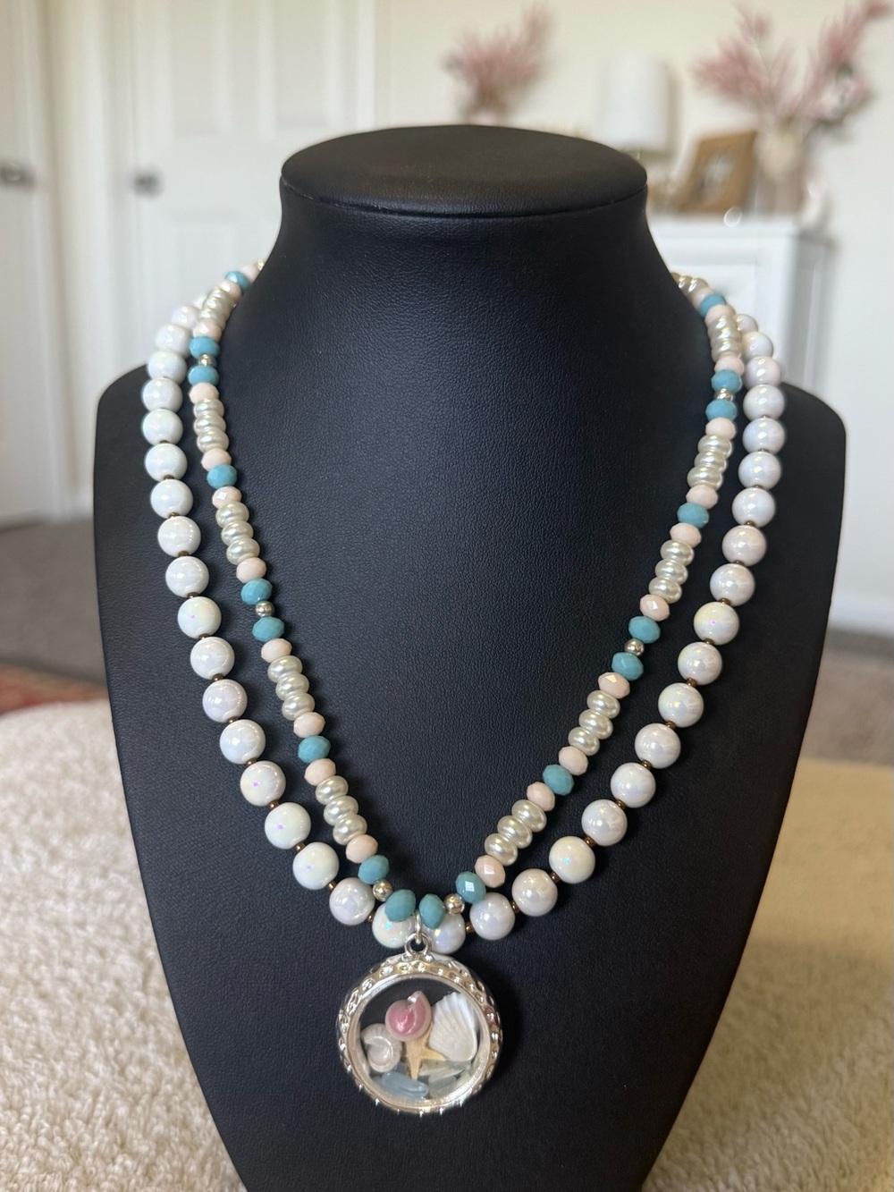 Elegant Pearl & Turquoise Double Strand Necklace with Shell Locket